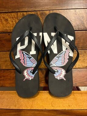 PINK Victoria's Secret Black Flip Flops with Pink & Light Blue Butterfly